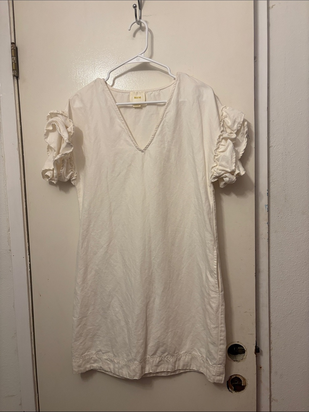 Anthropologie Maeve Cream V-Neck Ruffle Sleeve Shift Dress